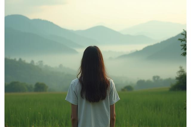 Une personne sereine regardant un paysage paisible, symbolisant le bien-être et l'adaptation dans un nouveau pays.