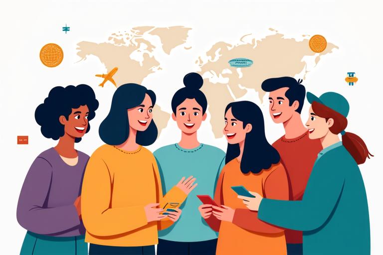 Un groupe diversifié de personnes souriantes et dialoguant, représentant différentes cultures, avec des symboles de voyage en arrière-plan.