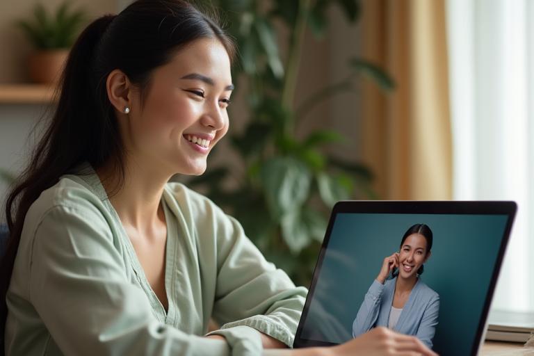 Une personne souriante et sereine utilisant un ordinateur pour une consultation en ligne, environnement lumineux et apaisant.