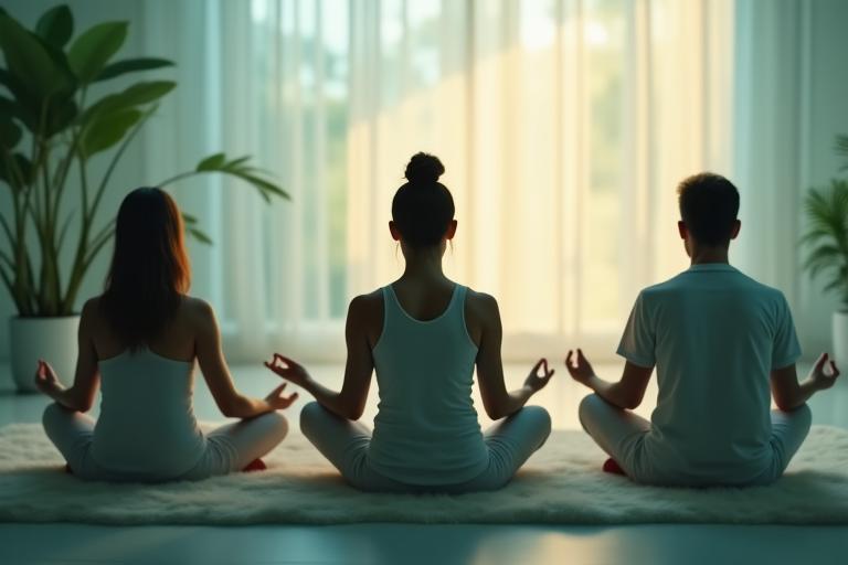 Un groupe de personnes pratiquant la méditation ou la pleine conscience dans un environnement calme et naturel.